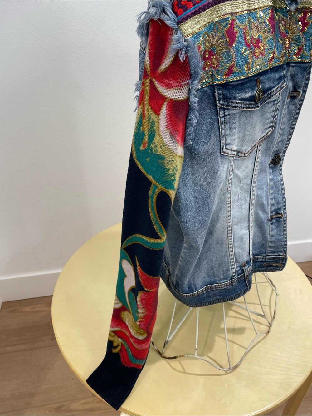 Desigual Chaq Ethnic Mixed Media Denim Jacket Knit Sleeves Size 44 US 12 - Picture 5 of 10